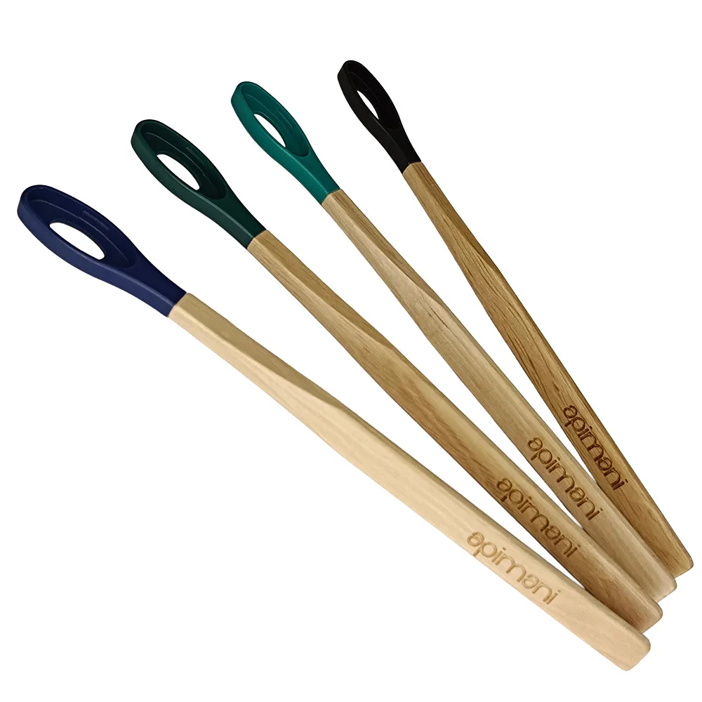 4 coloris de manche pour la brosse à dents La Maline de chez Apimani, noir, bleu, vert, turquoise